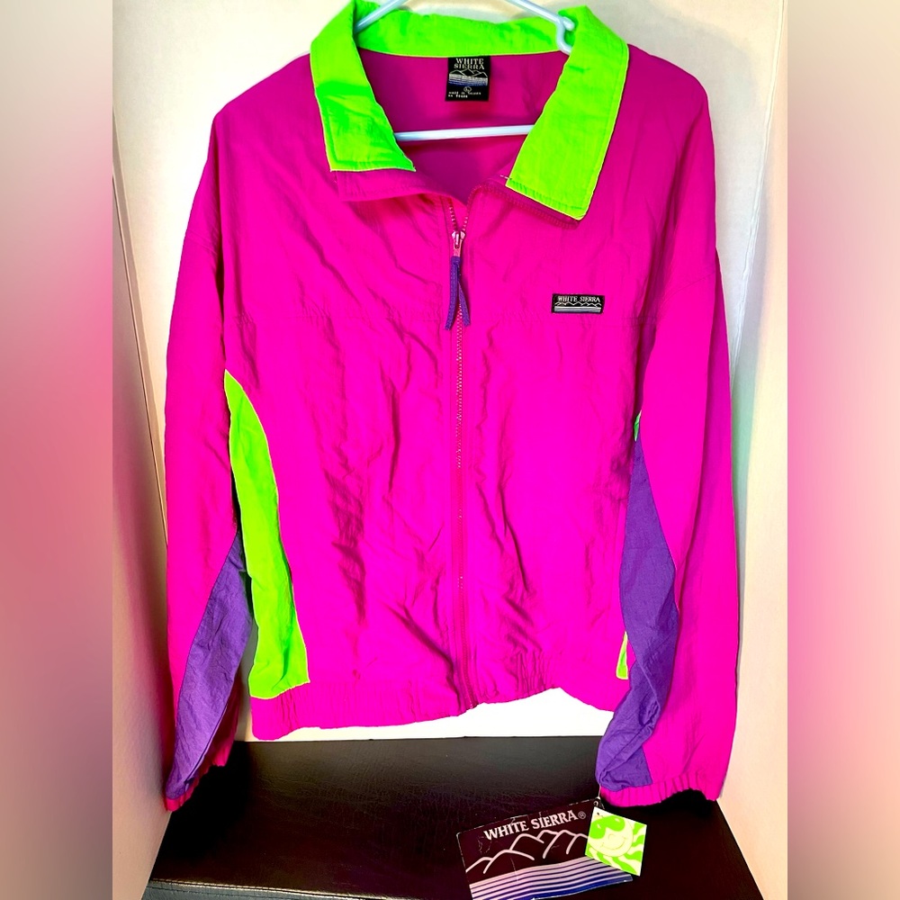 NEW vintage 90s Y2K windbreaker jacket women large full zip fluorescent pink